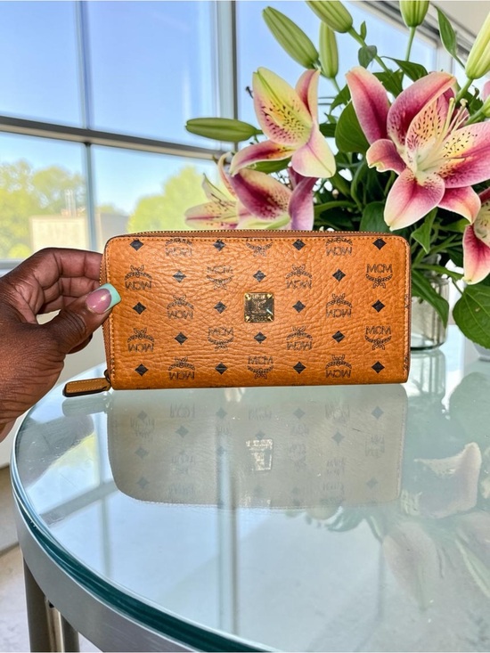 MCM Handbags - Authentic MCM Cognac Logo Visetos Zip Around Wallet EUC with COA
